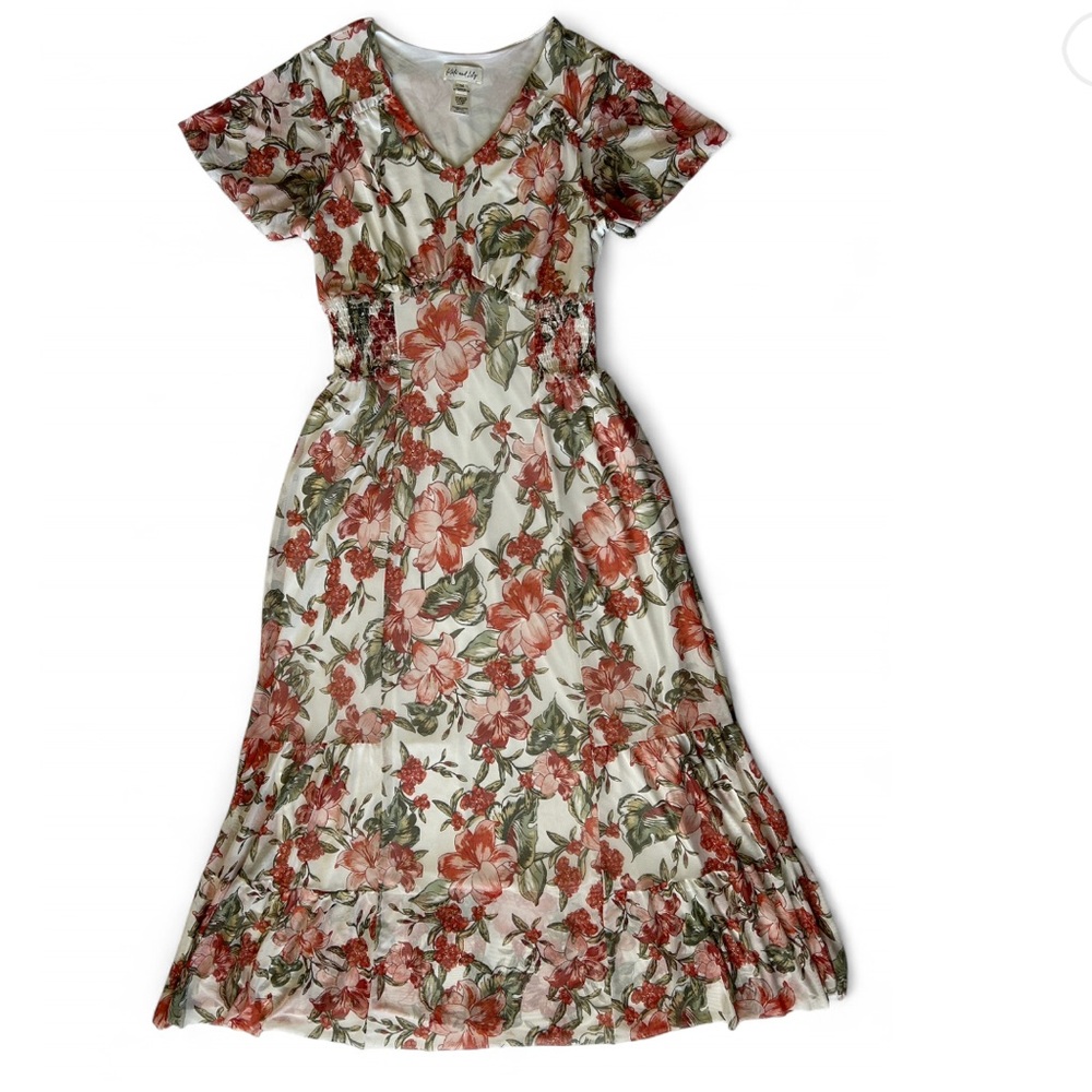 Kate and Lily Beige V-Neck Floral Sheer Boho Maxi Dress,‎ size 14